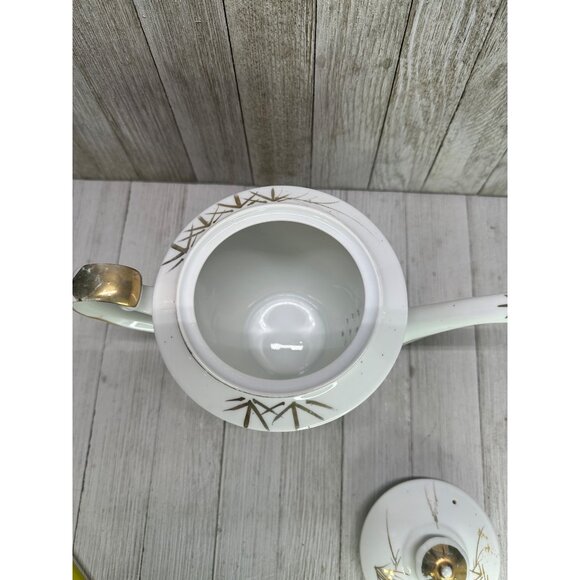 Vintage Kutani Ware Teapot 7" Tall & Plate 7" DIA Bamboo Village Golden Design - Picture 7 of 14